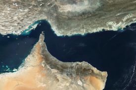 A satellite image of the Strait of Hormuz, a vital maritime route connecting the Persian Gulf to the Gulf of Oman, taken on Oct. 2, 2024.