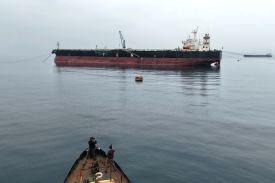 A Greek-flagged crude oil tanker seen off the coast of the Syrian Baniyas port refinery, along the Mediterranean Sea.