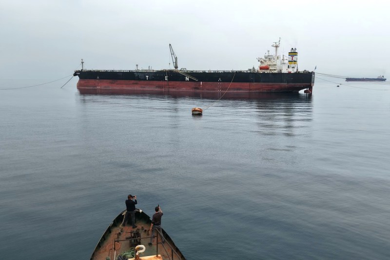 A Greek-flagged crude oil tanker seen off the coast of the Syrian Baniyas port refinery, along the Mediterranean Sea.