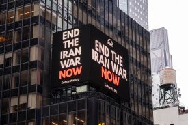 A digital billboard reading "End the Iran war now" in Times Square in New York City on April 30.