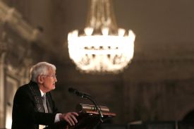 The winner of the Erasmus Prize, German philosopher Jurgen Habermas delivers a speech after being awarded at the Royal Palace in Amsterdam, The Netherlands, on November 6, 2013.