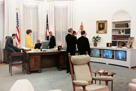 President Lyndon B. Johnson and advisors learn of the assassination of civil rights leader Martin Luther King, Jr. at the White House in Washington on April 4, 1968.