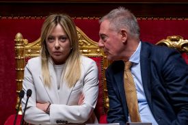 Italian Prime Minister Giorgia Meloni and senator Adolfo Urso attend a Senate session regarding the Iran war in Rome on March 11.