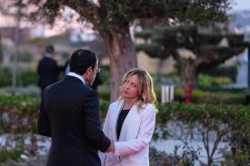 Italian Prime Minister Giorgia Meloni greets Cypriot President Nikos Christodoulides at an informal meeting of European Union leaders in Ayia Napa, Cyprus, on April 23 to discuss the conflict in Iran and the Middle East.