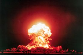 A 23-kiloton nuclear test explosion is seen at the Nevada Test Site near Las Vegas, Nevada, on April 18. 1953.