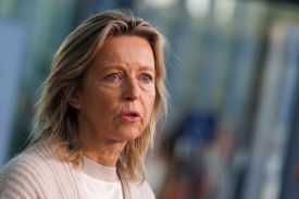 Kajsa Ollongren, then the Netherland's defence minister, speaking at NATO's headquarters in Brussels on October 11, 2023. 