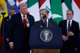 Pakistani Prime Minister Shehbaz Sharif, center, speaks as U.S. President Donald Trump, left, and British Prime Minister Keir Starmer, right, watch during the Sharm El-Sheikh Peace Summit in Sharm El-Sheikh, Egypt.