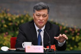 Xinjiang Party Secretary Ma Xingrui speaks at the Xinjiang delegation meeting during the 14th National People's Congress in Beijing on March 7, 2024.