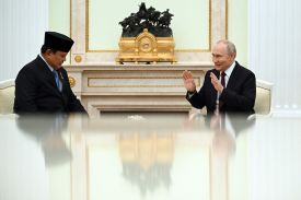 Russian President Vladimir Putin meets with his Indonesian counterpart, Prabowo Subianto, at the Kremlin in Moscow on April 13.