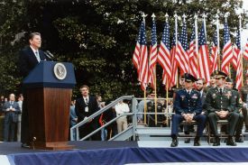 President Ronald Reagan speaks at the ceremony for freed American hostages returning from Iran at the White House in Washington on Jan. 27, 1981.