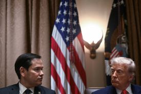 U.S. President Donald Trump listens to Secretary of State Marco Rubio at a cabinet meeting in the White House in Washington, D.C.