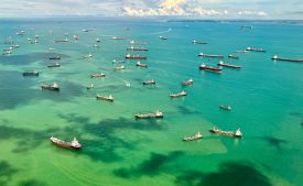 Ships anchored off Singapore in the Strait of Malacca