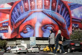 A poster in Tehran's Revolution Square marks the 46th anniversary of the U.S. Embassy takeover and hostage crisis in Tehran on Nov. 5, 2025.