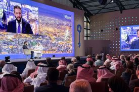 Syria's President Ahmed al-Sharaa speaks during the Future Investment Initiative conference in Riyadh on October 29, 2025.