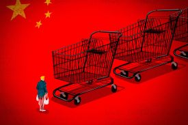 An illustration shows a line of large shopping carts facing down a small Donald Trump figure holding two shopping bags. The stars of China's flag are in the upper left corner.