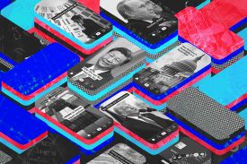 A brightly colored array of phone shapes with geopolitical images and tittok controls on them with headlines like: POV: Xi's Just Not That Into You atop Xi Jinping's face and Vladimir, STOP! atop Vladimir Putin's face.