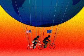 An illustration shows two bicyclists with EU and US flags working together to fly a globe balloon.