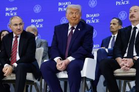 Armenian Prime Minister Nikol Pashinyan, U.S. President Donald Trump, and Azerbaijani President Ilham Aliyev attend a ceremony.