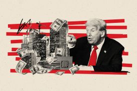 An photo collage illustration shows Donald Trump pointing toward buildings with case falling around them. Semiconductor chips also make up the scene. Red bars overlay the cream-colored background behind the photos.