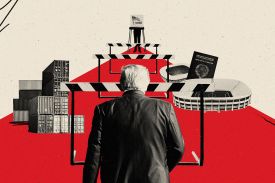A photo collage illustration shows the back of President Donald Trump in front of three track hurdles. Behind the hurdles are a stack of shipping containers, soccer stadiums and a passport, and a voter in a U.S.-flagged voting booth.