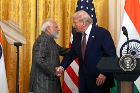 U.S. President Donald Trump shakes hands with Indian Prime Minister Narendra Modi during a joint press conference at the White House in Washington on Feb. 13, 2025.