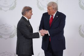 U.S. President Donald Trump greets Pakistani Prime Minister Shehbaz Sharif during a summit on Gaza in Sharm el-Sheikh, Egypt, on Oct. 13, 2025.