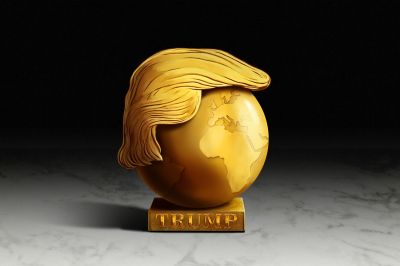 An illustration shows a golden globe on a pedestal labeled "Trump." The globe has Donald Trump's hair atop it, seen from the side in profile.