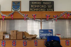 U.K. Conservative Party election material is seen at Margaret Thatcher House in Romford, England, on May 2.