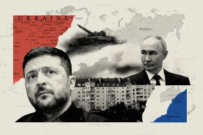 A photo collage illustration showing maps of Russia and Ukraine in the background with Zelensky and Putin headshots.
