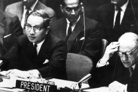 U Thant speaks during a session of the Security Council focused on the Cuban missile crisis.