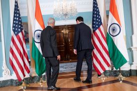 Subrahmanyam Jaishankar, India's external affairs minister, and U.S. Secretary of State Marco Rubio depart after a meeting in Washington on Feb. 3.