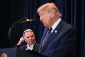 As Steve Witkoff looks on, President Donald Trump speaks during the Republican Members Issues Conference in Miami, Florida, on March 9.