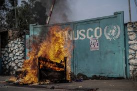 A picture taken in Goma, on July 25, 2022 shows fire set by protesters burning in front of United Nations Mission for the Stabilisation of Congo (MONUSCO) Headquarters.