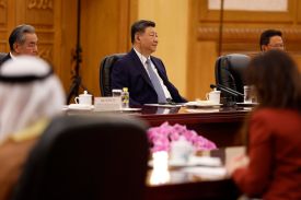 Chinese President Xi Jinping attends a meeting with Abu Dhabi Crown Prince Sheikh Khaled bin Mohamed bin Zayed AI Nahyan at the Great Hall of the People in Beijing on April 14.