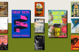 A collage of ten various book covers is arranged against a background divided horizontally into cream and olive green. The covers for New Skin and Babylon, South Dakota are the largest and most prominent in the center. Other visible titles include John of John, Prestige Drama, All Them Dogs, and Glyph. The covers vary in style, featuring abstract graphics, landscape photography, and illustrated portraits.