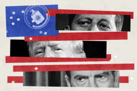 A collage photo illustration showing the eyes of Richard Nixon, Donald Trump, and John F. Kennedy along with the CIA logo.