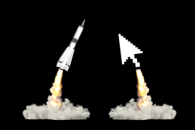 A photo illustration of a missile and a cursor launching toward each other.