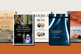 The covers of five books on Iran.