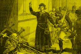 a yellow color wash over a A black-and-white engraving depicting a historical scene inside a grand hall. A religious figure in ornate robes lies fallen on steps, holding a staff, while a man in a dark tunic stands over him with one hand raised and the other gripping the arm of a soldier drawing a sword.
