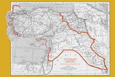 A map of Turkey in Asia with an orange line outlining imagined borders of the Ottoman Empire.