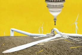 A photo illustration showing the United States capitol buiding destroying a windmill.