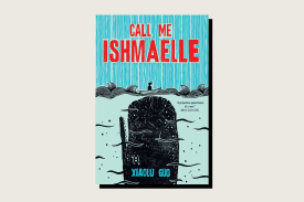 The book cover for "Call Me Ishmaelle" by Xiaolu Guo. The top half features the title in bold red letters against a blue-lined pattern. Below, a silhouette of a person in a small boat floats on wavy lines above the dark, massive shape of a whale rising from the bottom of the frame.