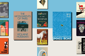 A collage of various book covers of different sizes and colors arranged against a split background of light blue and off-white. The covers for "The Monuments of Paris" and "Small Boat" are featured prominently in the center. Other visible titles include "Honey in the Wound," "Lázár," "The Scoop," and "Midnight at the War."