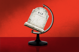 An illustration of a tombstone reading "RIP" appears in place of a globe on a circular stand.