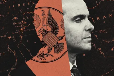 An illustration collage featuring a profile portrait of a man in a suit on the right side. The left side shows a stylized orange silhouette of his head containing the Great Seal of the United States. The background consists of a dark map of the Middle East with various locations labeled, including Turkey, Syria, Israel, and Iran. The overall color palette uses dark tones with high-contrast red and white accents.